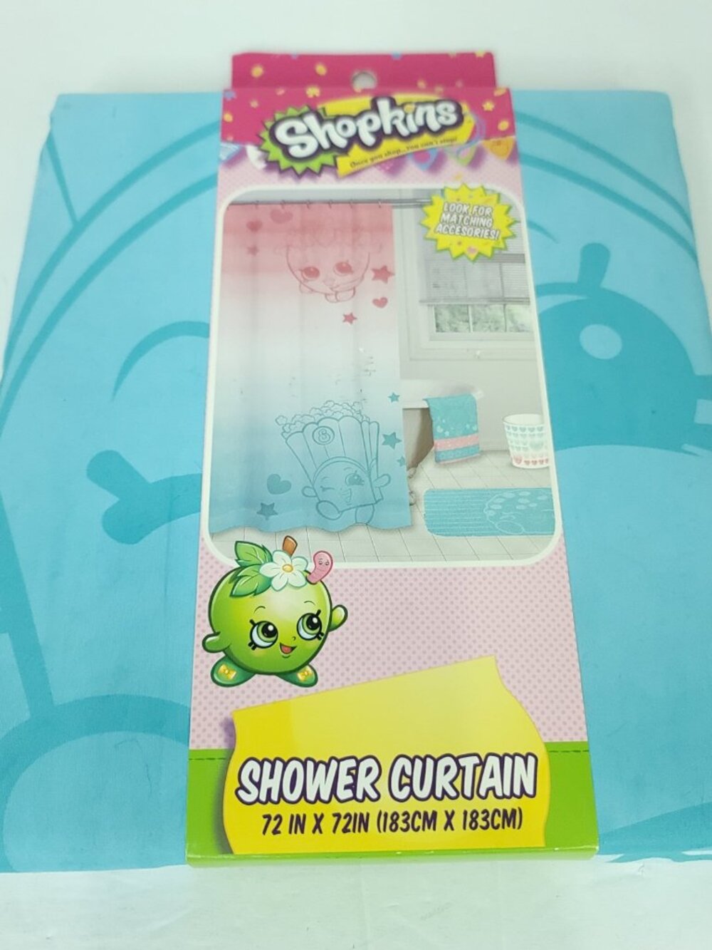 Shopkins 72"x72" Poppy Corn Pink White & Blue Fabric Shower Curtain NEW